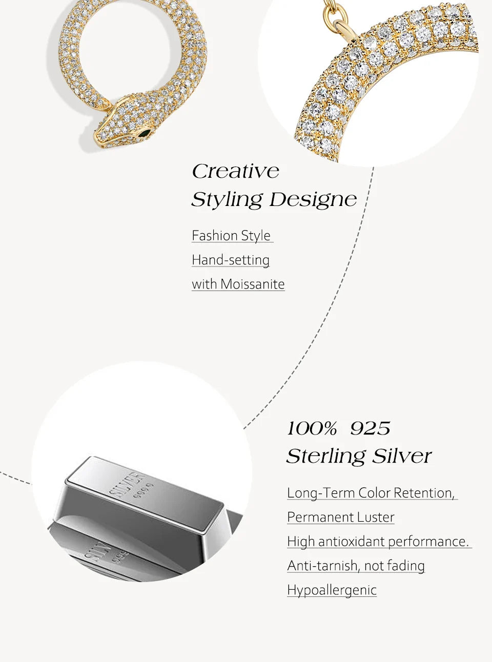 Moissanite Necklace Original Snake Pendant 925 Sterling Silver 18KGold Plated for Women Man Birthday Gift Party Jewelry