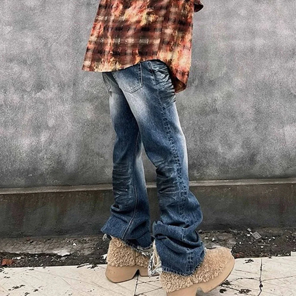 High Street Frayed Washed Blue Dirty Flare Jeans Pants for Men