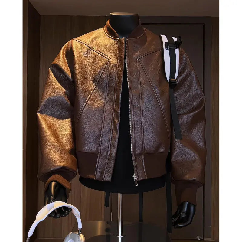 Hot Sale Men's Short American Style Retro Cracked Leather Motorcycle Jacket