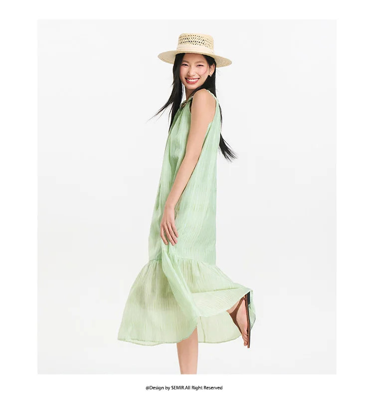 Women Dress Bowknot Textured Halter Neck Vacation A Line Maxi 2026 Summer Romantic Fresh Elegant Soft Comfy Holiday Top