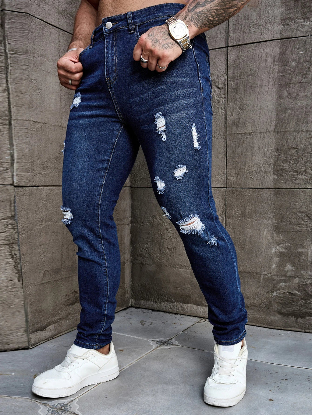 Men's Deep Blue Skinny Fit Ripped Stretch Denim Jeans Versatile and Easy Match Men's Pants Elastane Fabric Everyday Wear