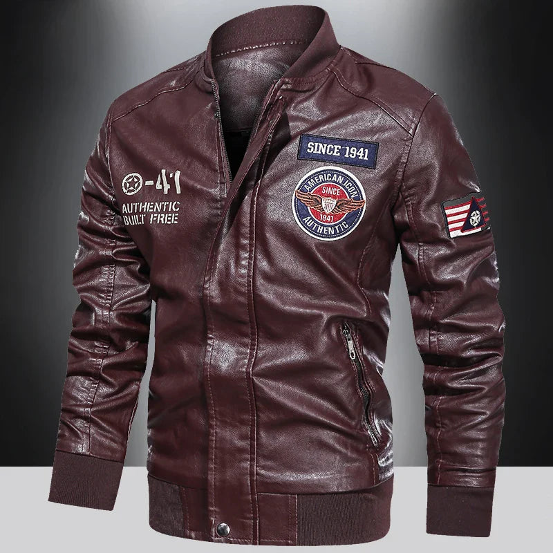 Men’s PU leather motorcycle jacket, color block pilot style, baseball collar, spring autumn, M–XXL