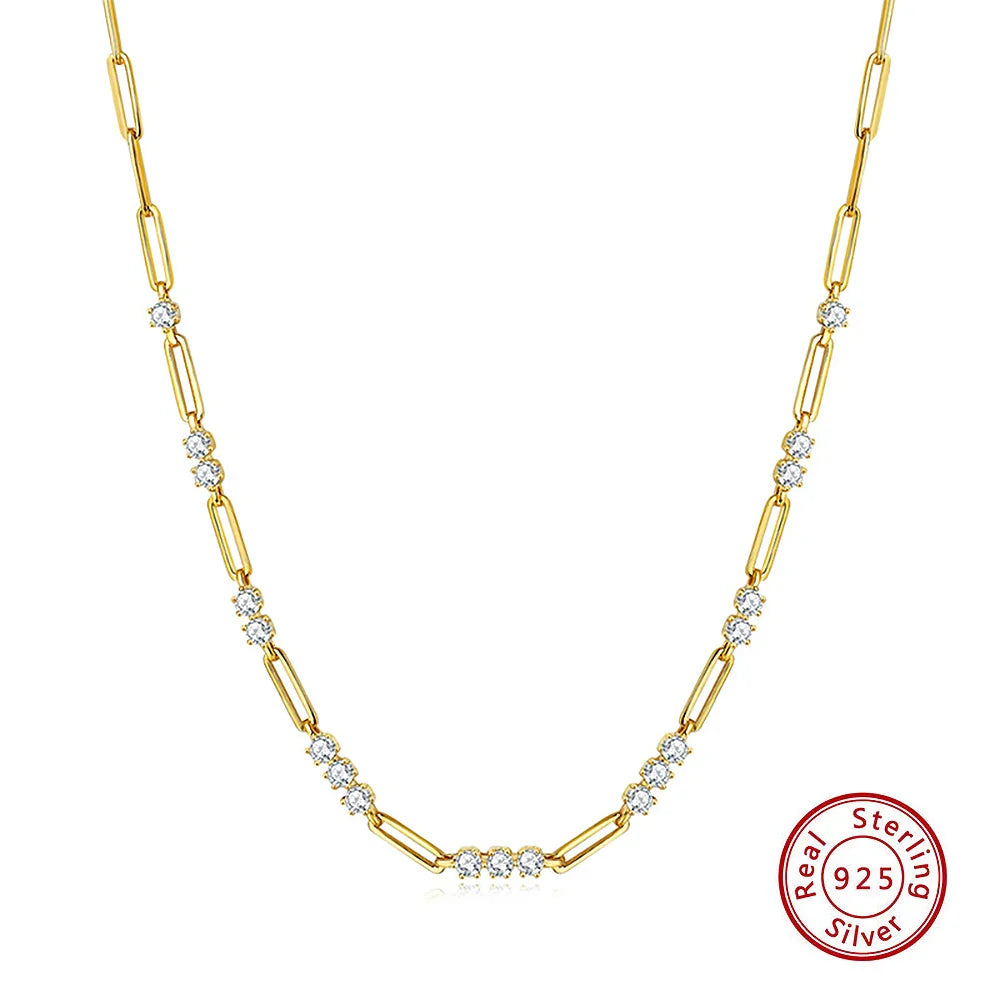 S925 Sterling Silver Paperclip Necklace with 3mm Round Moissanite Diamond Layering Link Chain Necklace for Women Fine Jewelry