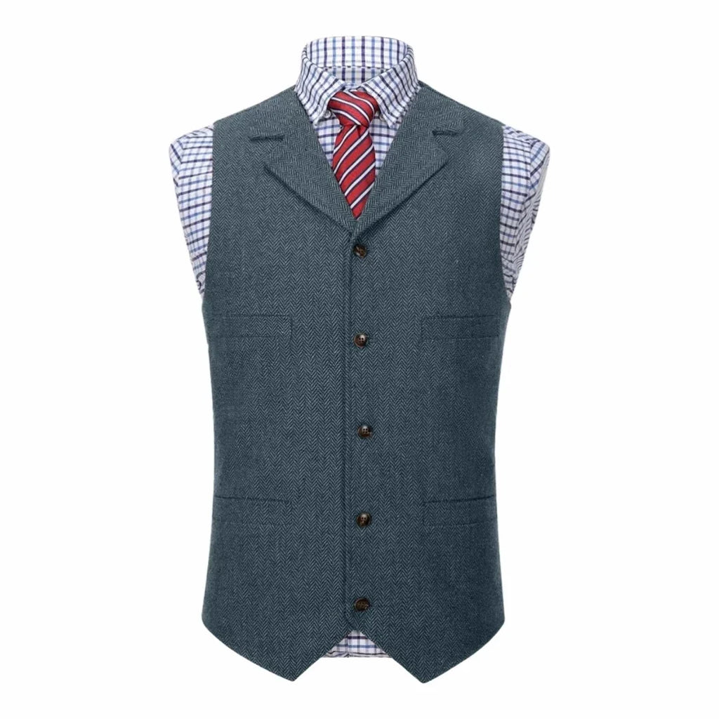 Men Vest Blue Herringbone With Lapel Single Button Waistcoat For Wedding Commute Business Office Work Daily Casual Men Suit Vest