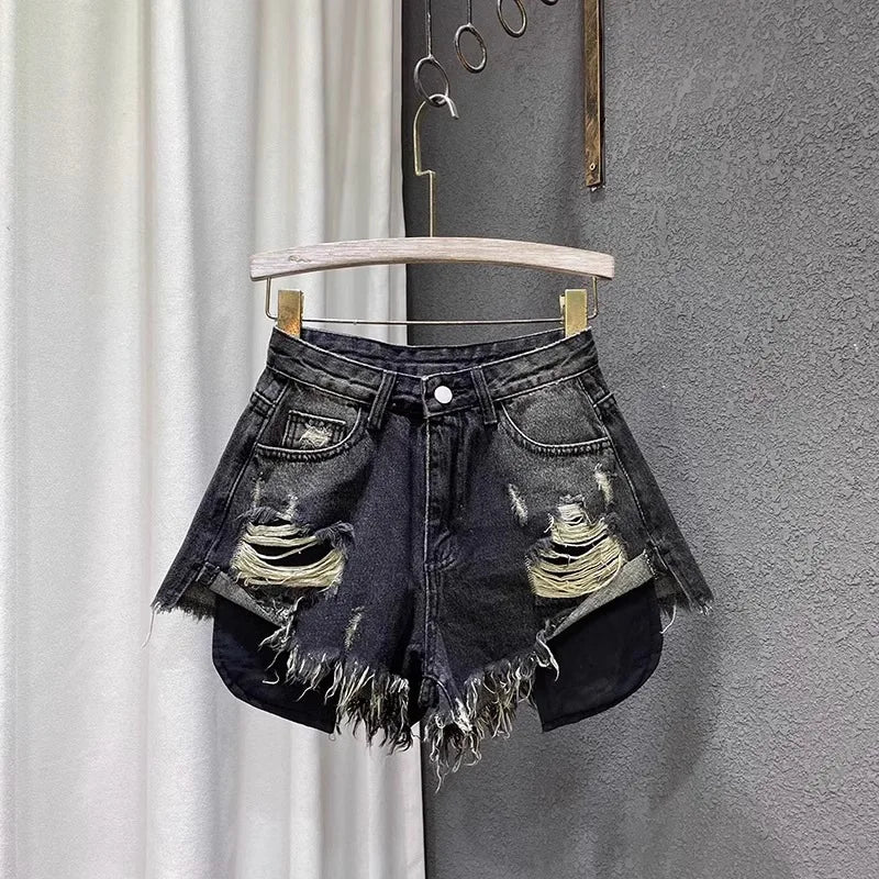 Korean Vintage Blue Sexy Ripped Jeans for Women Patchwork A-line High-waisted Denim Ultra Shorts
