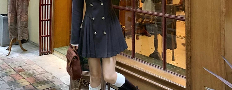 Sweet Style Suit Dress Korean Drama Main Character Waist Cinched Beautiful  Skirt College Style High Waist Double Breaste...