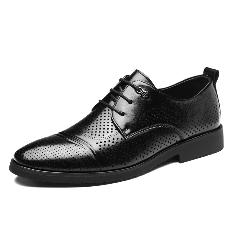 Men's Summer Breathable Leather Shoes Hollow out Fashionable Slip-On Comfortable Anti-Slip Soft Bottom Derby Shoes-SJ2501-1