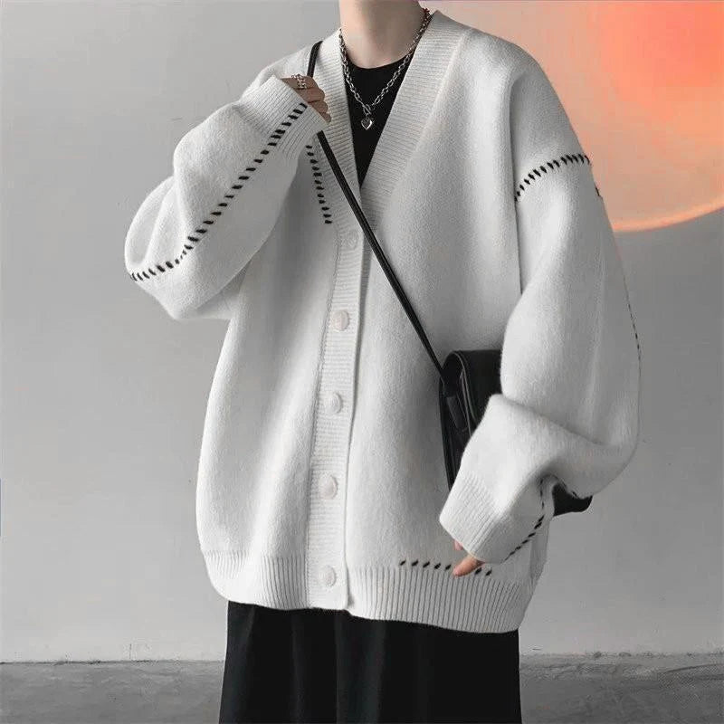 Autumn V-neck Cardigan Sweater Men Women Streetwear Loose Lazy Style Korean Vintage Knitwear Jacket Fashion Brand Mens Cardigan