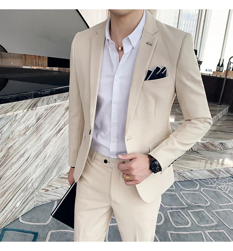 S-7XL Jacket + Pants / Luxurious High -end Brand Solid Color Men's Casual Business Slim Suit Two -piece Suit Groom Wedding Suit