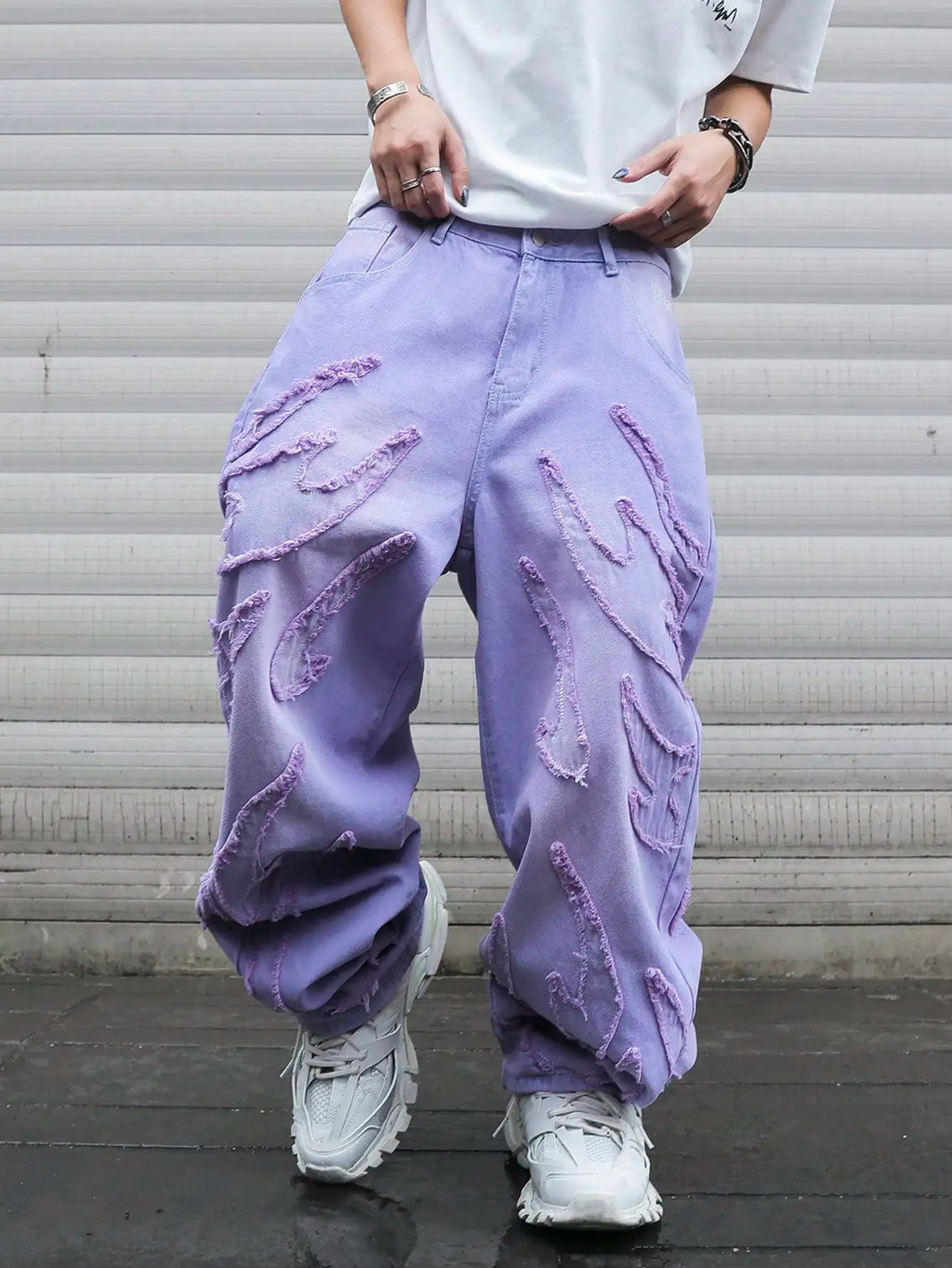 High - street style purple distressed frayed jeans for men, loose, trendy street hip - hop wide - leg pants