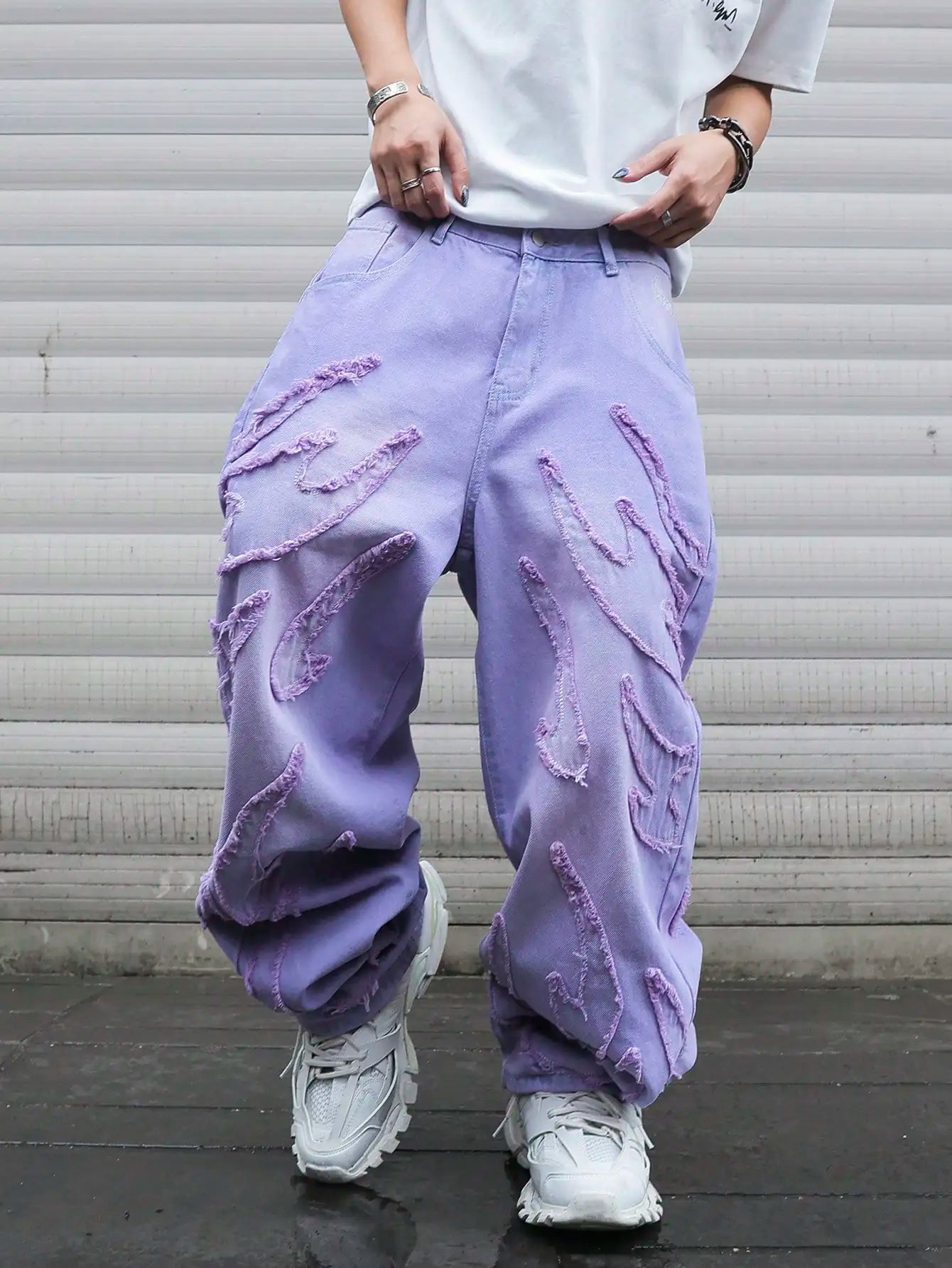 High - street style purple distressed frayed jeans for men, loose, trendy street hip - hop wide - leg pants