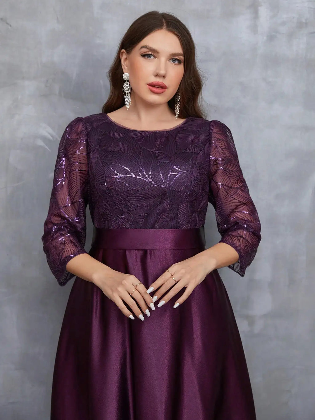 Crew neck long sleeve sequin patchwork satin long gown ball dress Party dress Bridesmaid dress