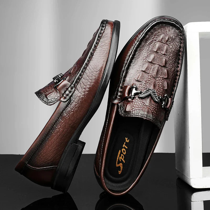 High Quality Round Toe Breathable Loafers Fashionable Brand Men's Comfortable Crocodile Patterned Casual Cowhide and Bean Shoes