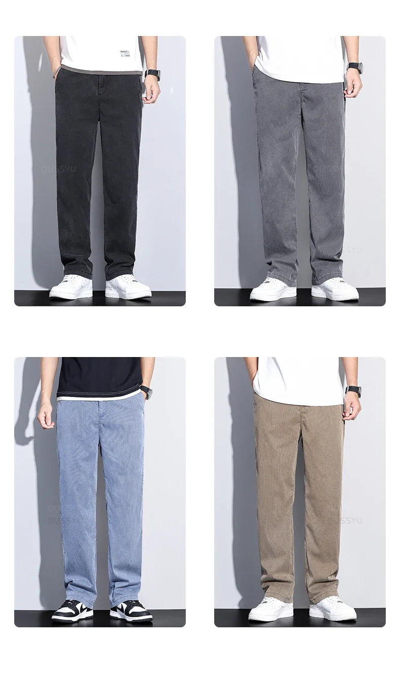Summer New Upgrade Soft Lyocell Fabric Jeans Men Ultrathin Blue Elastic Waist Loose Straight Denim Trousers Male Plus Size 5XL