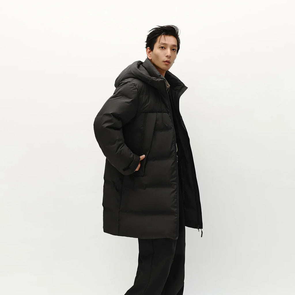 Down Jacket Men Long Hooded Loose Simple Versatile 2026 Winter Man Clothes Winter Outerwear