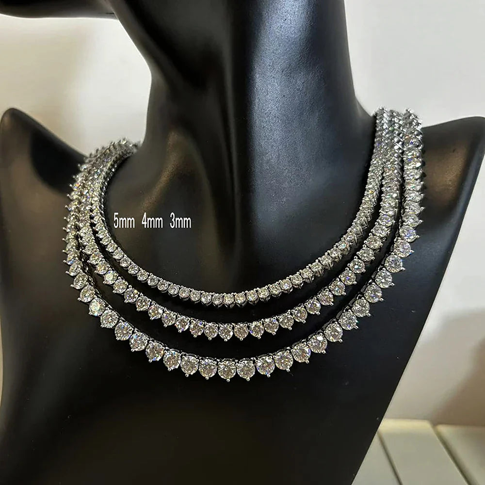 3/4/5mm  Moissanite Tennis Necklaces for Women Men 925 Sterling Silver 3-Prong Setting Diamond Riviera Necklace With Certificate