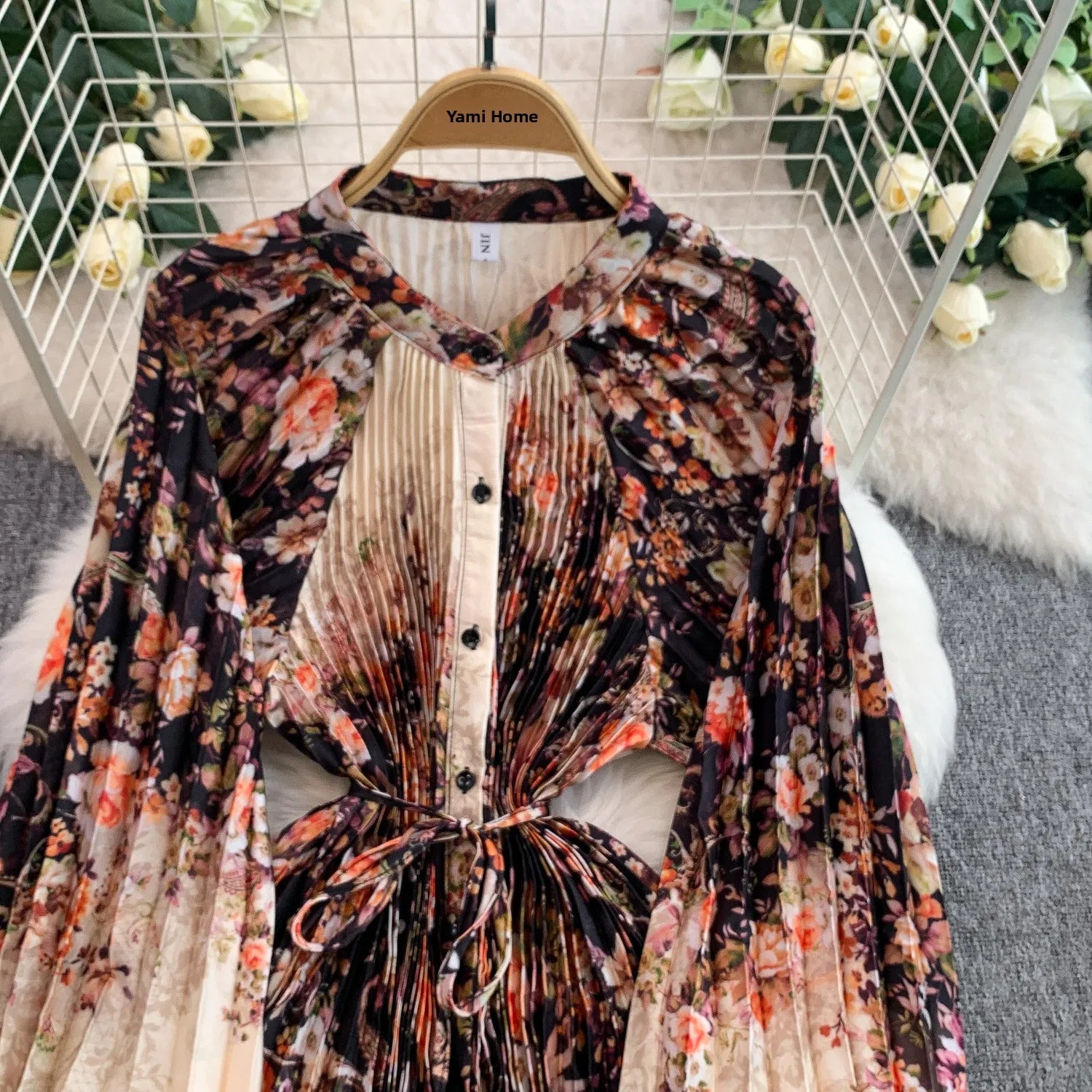 Printed round Ne Lantern Sve Dr Women's Single Button Waist Cinch Maxi Skirt Long Dr Commute Sle Autumn