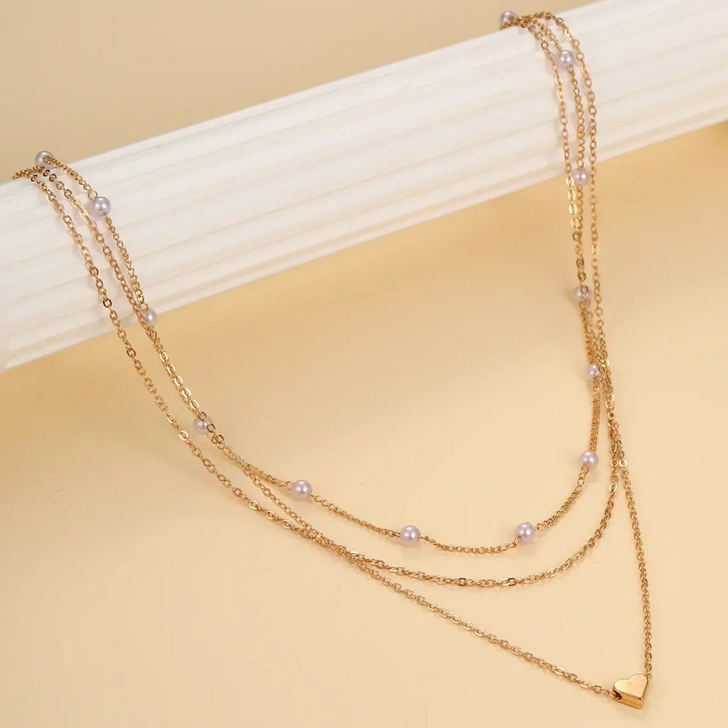 LATS Multilayer Pearl Cross Love Heart Pendant Necklaces for Women Gold Color Fashion Collarbone Neck Chain 2024 Trend Jewelry