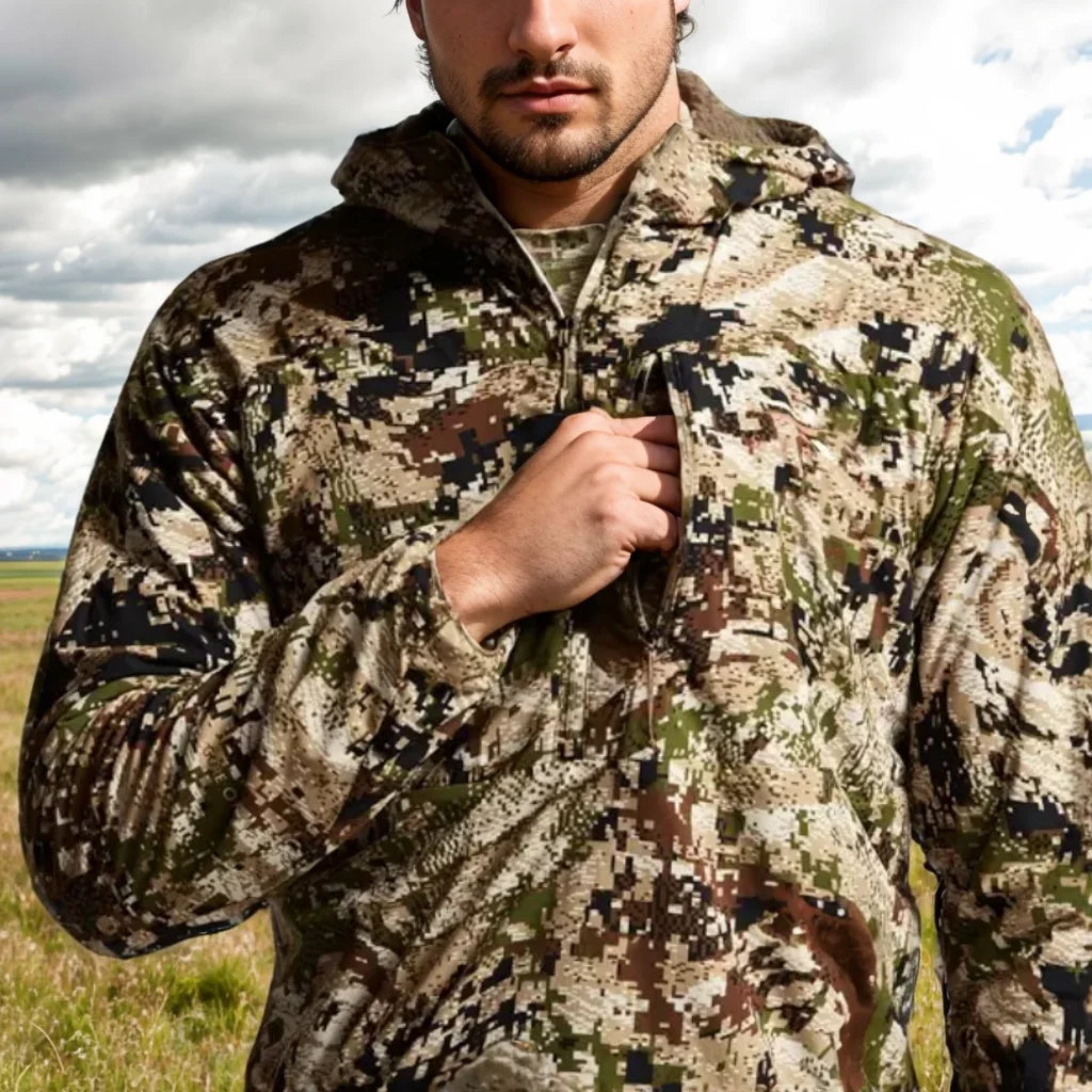 Men's Stretch Camouflage Jacket, Hunting Pullover, Light Nylon Fabric Printed Plush Lining Hoodie