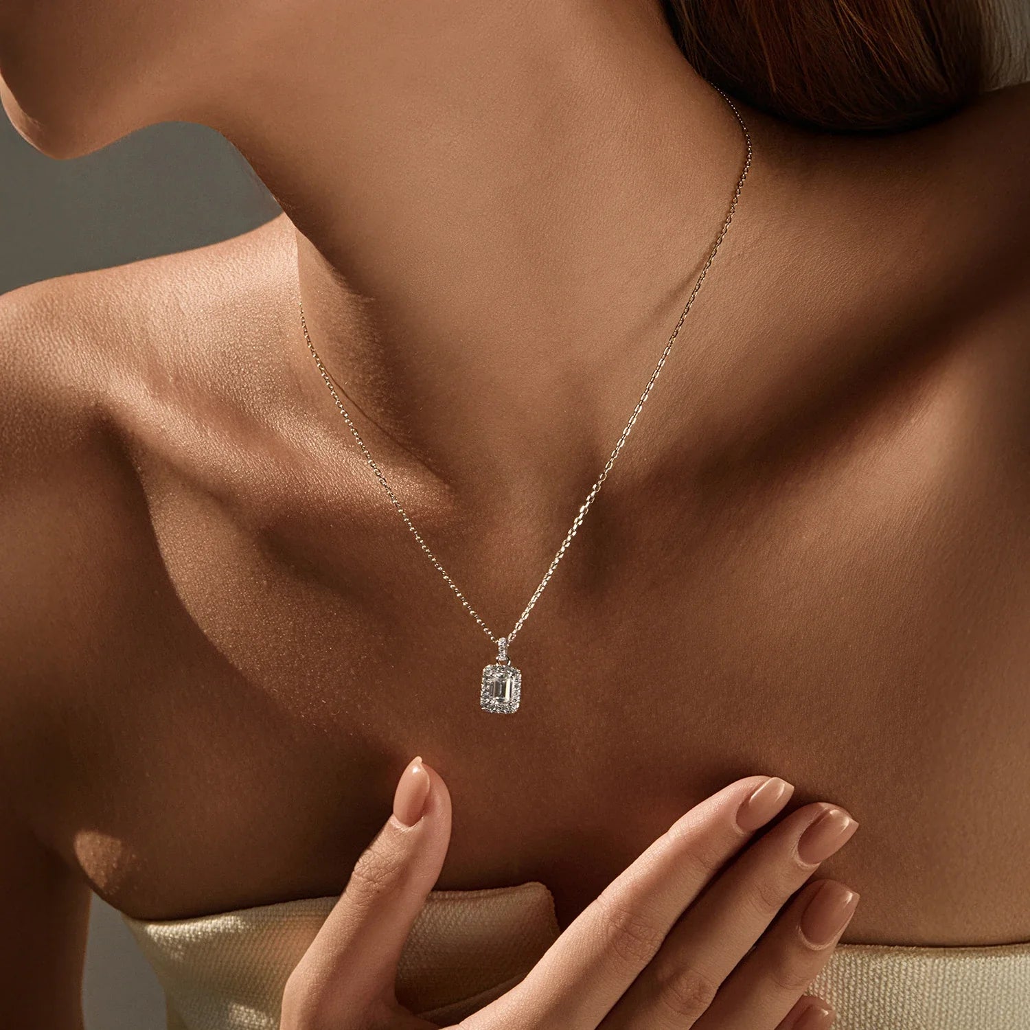 1CT D Color Emerald Cut Moissanite Halo Necklace 925 Sterling Silver Rectangle Wedding Pendant Necklace For Women Jewelry