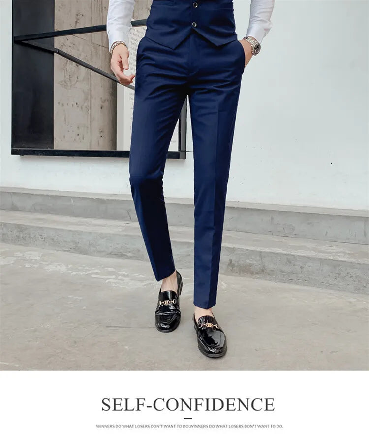 Solid Color Suit Men's Fashionable Gentleman Business Banquet Korean-style Formal Dress Casual Wedding (Blazer+Vest+Trousers)