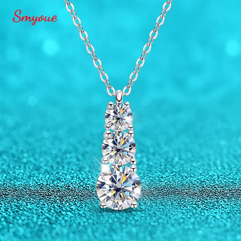 1.8cttw Certified Moissanite Necklace for Women 3 Stones Sparkling Simulated Diamond 925 Sterling Silver Jewelry