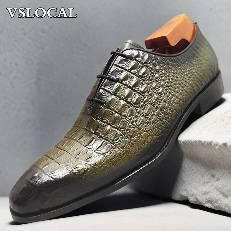 Luxury Men Oxford Shoes Green Black Croco Print Casual Mens Dress Shoes Lace up Wedding Office Genine Leather shoes men