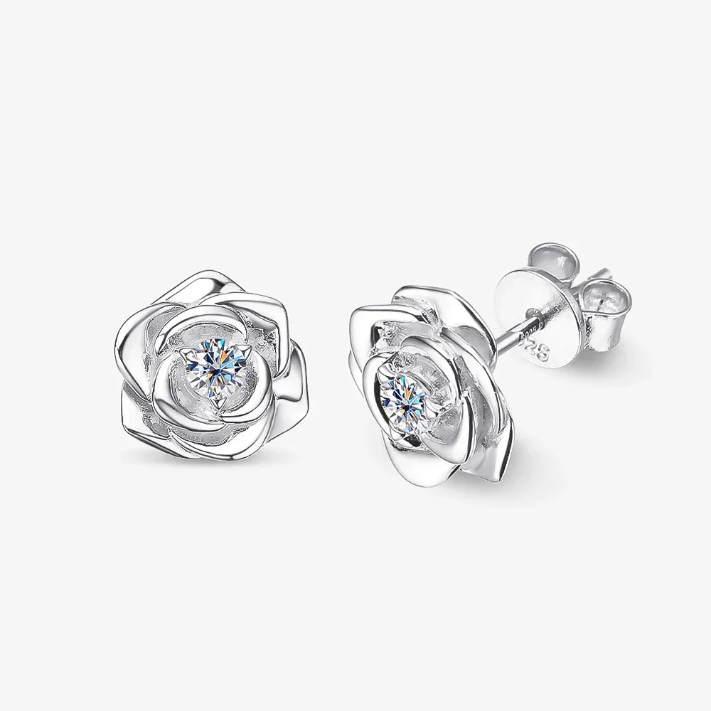 100% 925 Sterling Silver 3mm Moissanite Diamond Stud Earring For Women Romantic Rose Flower Earring Sparkling Fine Jewelry