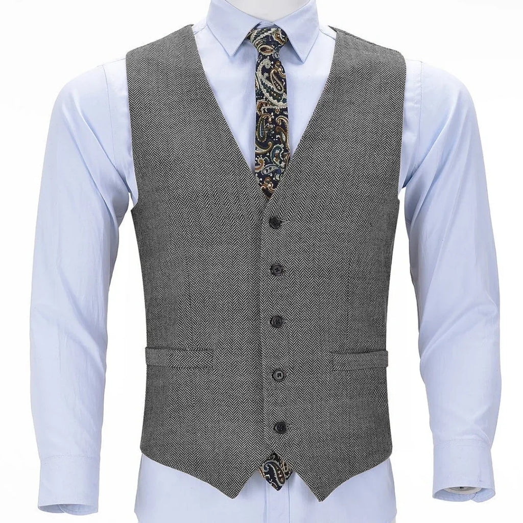 Men Vest Brown Herringbone Single Button V Neck Solid Waistcoat For Business Banquet Work Casual Daily Men Suit Vest
