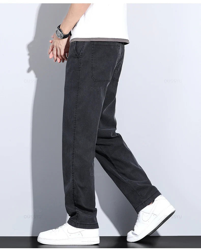 Summer New Upgrade Soft Lyocell Fabric Jeans Men Ultrathin Blue Elastic Waist Loose Straight Denim Trousers Male Plus Size 5XL