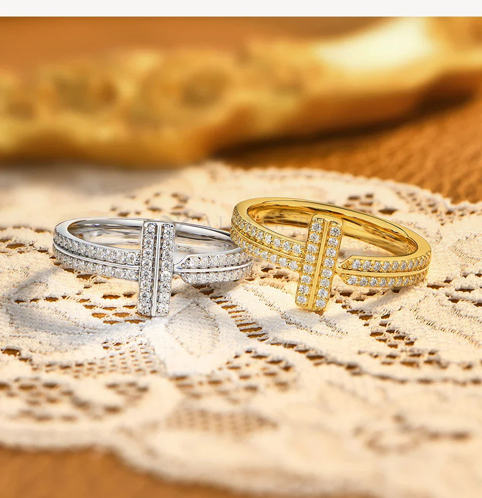 925 Sterling Silver Moissanite T-Bar Ring Double Band Paved Luxury Design Rings for Women Engagement Party Jewelry Gift