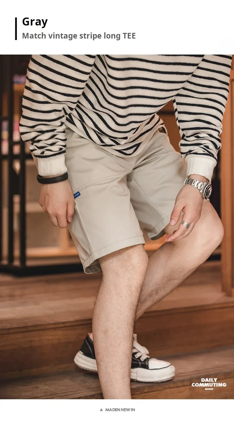 Vintage Khaki Canvas Shorts Men's Summer Slim Fit Straight Leg Pants Cotton Shorts with Elastic Waist Pocket Casual Bottom