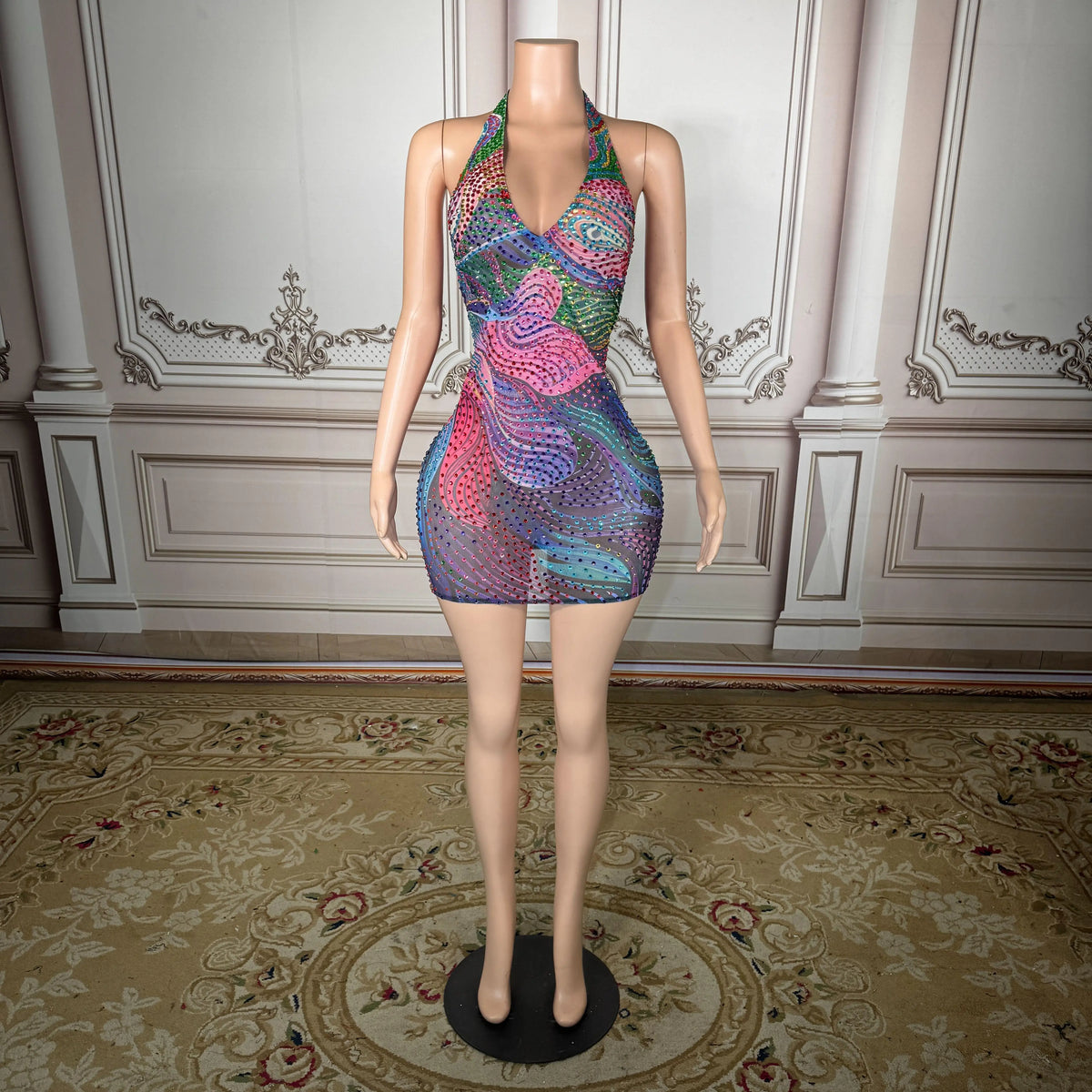 Plus Size Sexy Sheer Mesh Dress with Low Back & Colorful Rhinestones - Glamorous Nightclub & Party Gown for Women