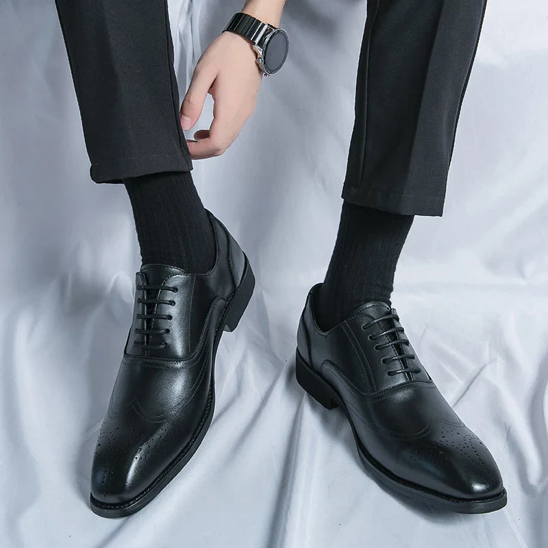 Luxury Men Dress Shoes Pointed Toe Leather Men's Oxfords  Shoes Classic Italy Brogue Shoes Fashion Lace-up Men's Shoes Size 46