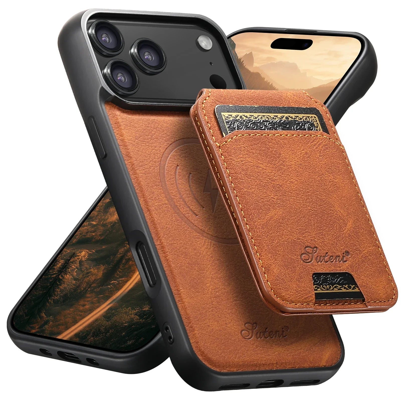 SUTENI Wireless Charging Phone Case Magnet Card Holder Stand Faux Leather For iPhone 17 Pro Max 16 Plus 15 14 13 12