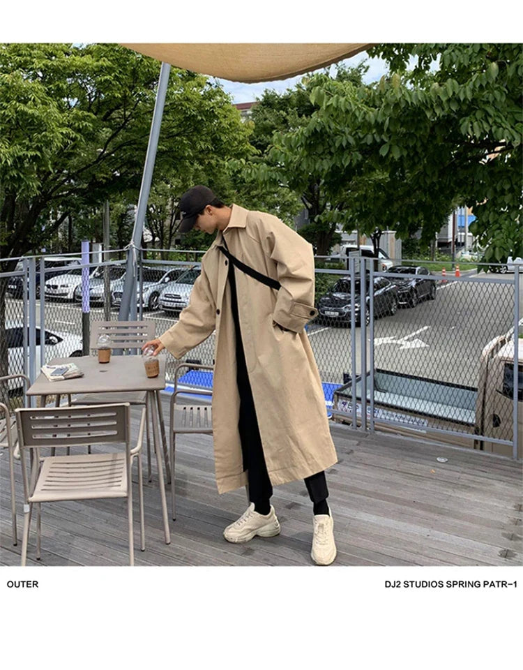 Spring Autumn Long Oversized Black Khaki Trench Coat Men Raglan Sleeve Single Breasted Loose Casual Korean Fashion