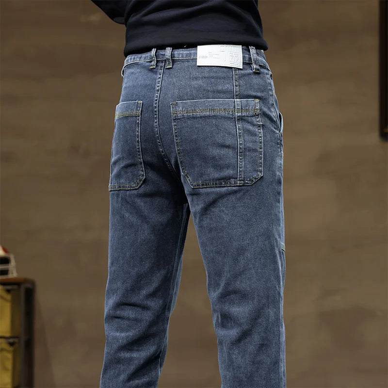 Versatile Six-Pocket Design Jeans Men's Loose Straight Leg Pants Stretchy Comfortable for Outdoor Hiking Activities All Seasons