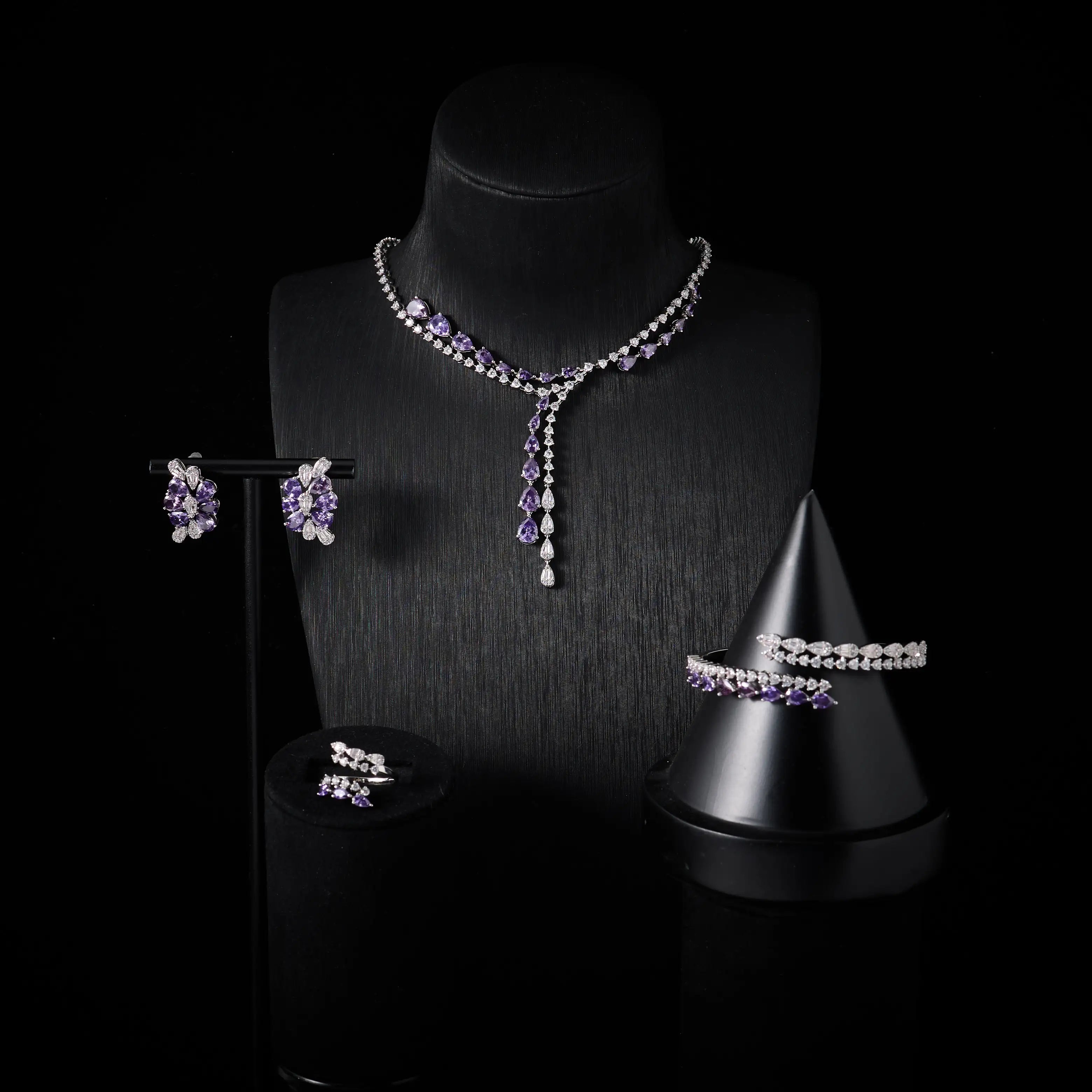 00086 Necklace Sets for Women Heart Water Drop Cubic Zirconia Layer Jewellery Set Dubai Saudi Party Engagement Accessory