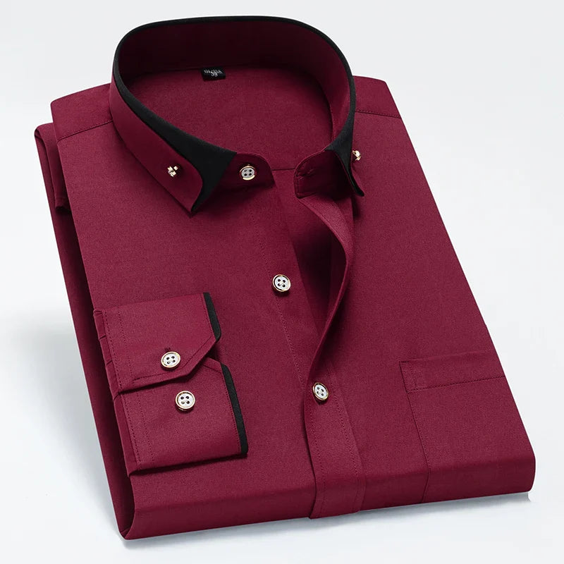 Hot Sale Men's Business Dress Shirts long Sleeve Contrast Collar Social Camisa With Diamond Anti-wrinkle Button Down Black Blue