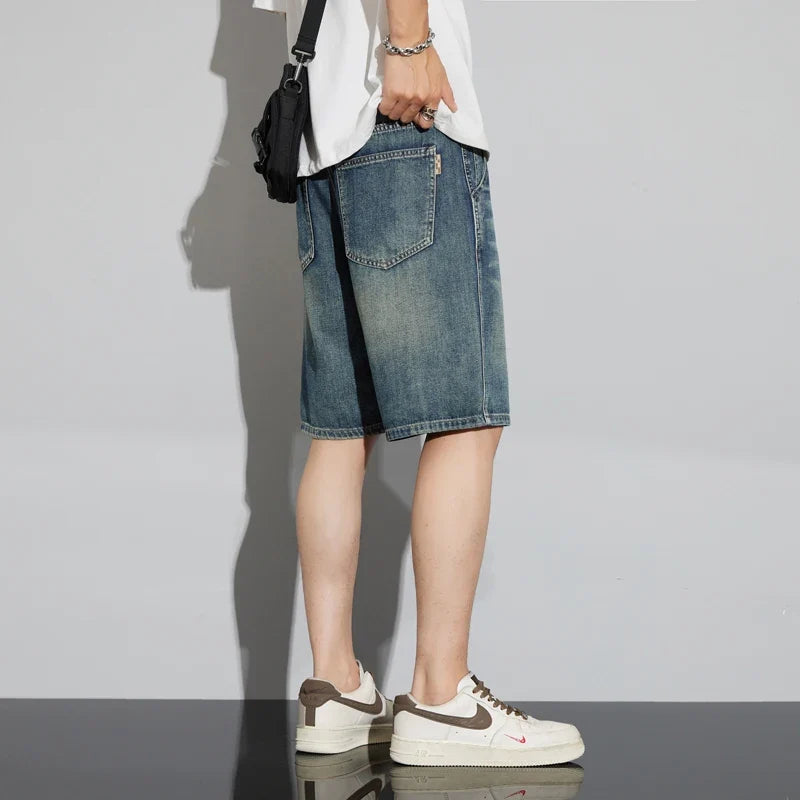 Summer Vintage Denim Shorts Men's Fashion Straight Casual Loose Streetwear Bermuda Jeans Male Short Pants Streetwear