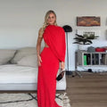 Red Asymmetrical Draped Backless Maxi Dress One Shoulder High Neck Cutout Bodycon Evening Gown For Women Formal Party