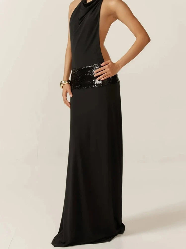 Backless Fashion Dresses Elegant Halter Patchwork Draped Maxi Bodycon Female Solid Simple Evening Party Frock New