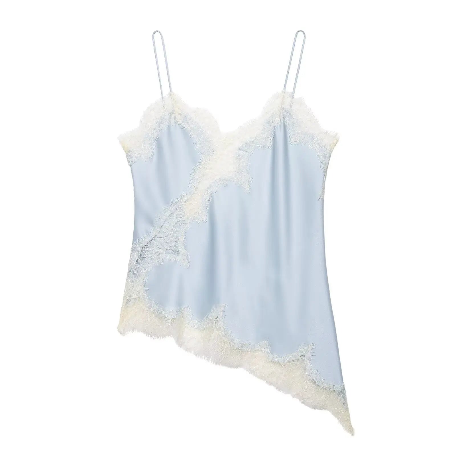 Women Fashion Lace Patchwork Straps Top Irregular Hem Spaghetti Straps V-Neck Hollow Sexy Tops 2026 Summer Night Date Wear