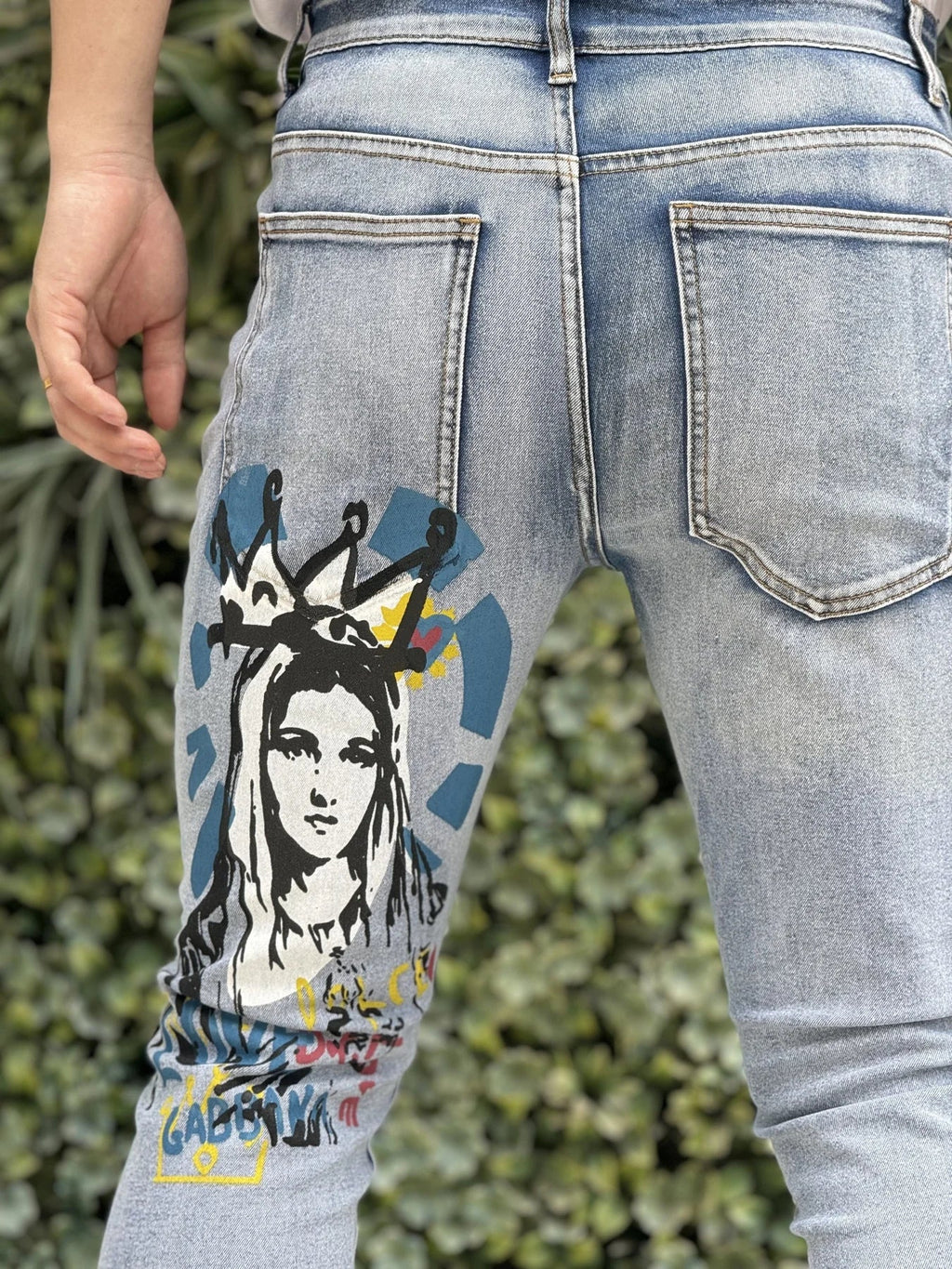 Fashionable Printed Men's Jeans   Classic And Versatile Light Blue Color   Suitable For All Seasons And For High Street Fashion