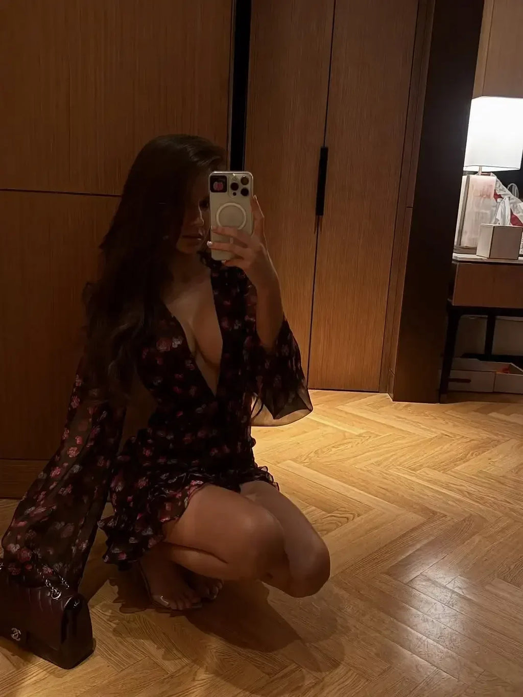 Women Sexy Flora Painted Ruffle Mini Dress Chic Lady Full Sleeve Deep V-neck Slim A-line Dresses 2026 Night Club Street Gowns