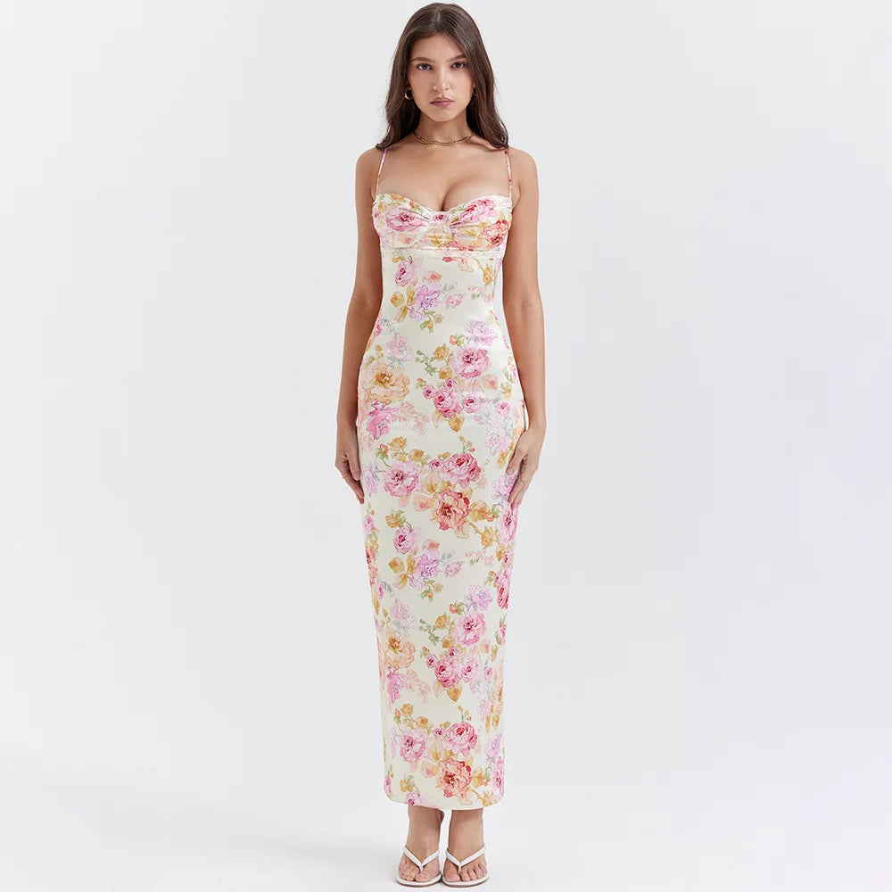 Summer Spaghetti Strap Floral Print Party Dresses Elegant Maxi Bodycon Wedding Guest Holiday Dress New In Dress 2023