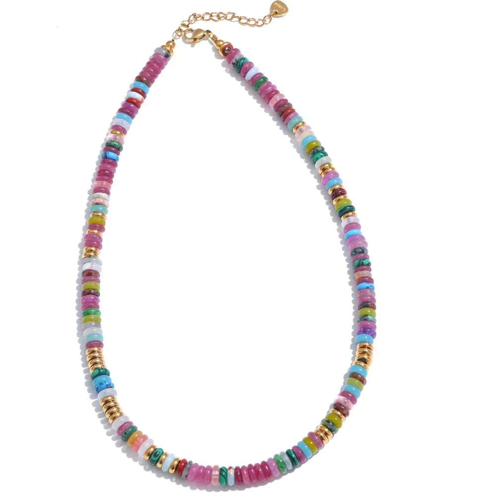 Colorful Natural Stone Beads Handmade Chain Y2K Fashion Necklace for Women Stainless Steel Waterproof Collar Jewelry Gift