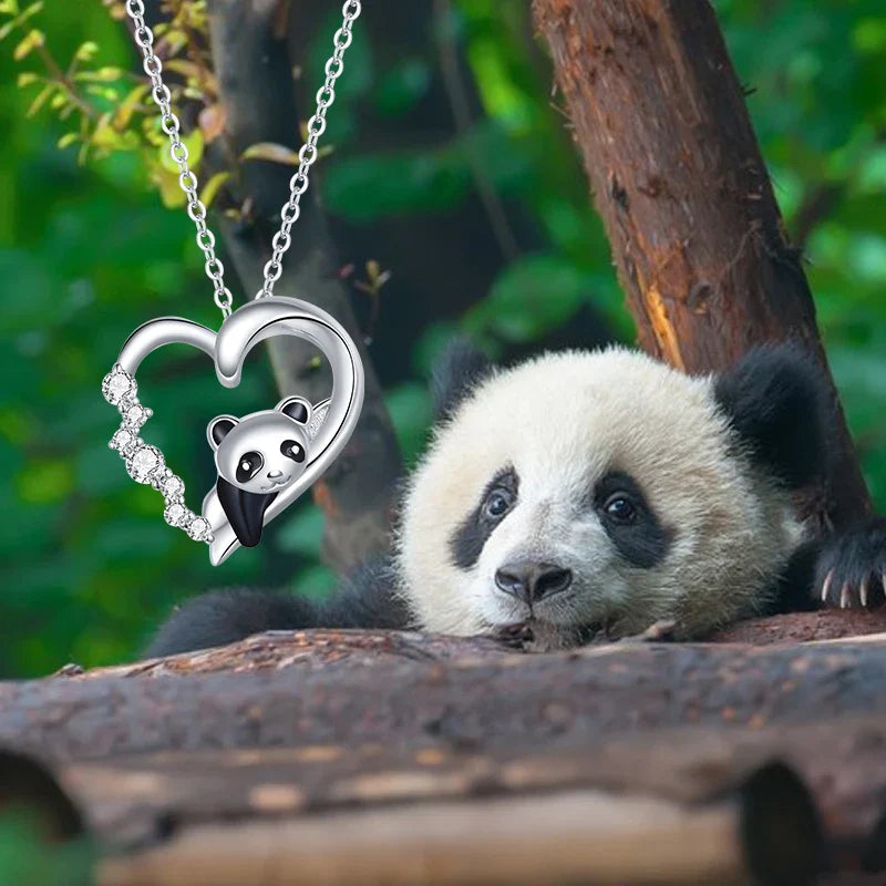 925 Sterling Silver Baby Panda Crystal Necklace Enamel Cute Animal Charm Chain Link for Women Gift 17.71'' SCN453
