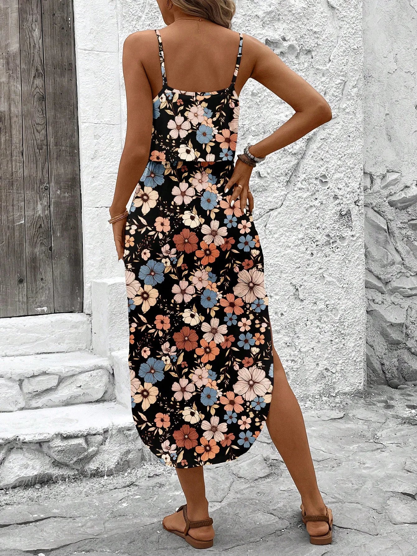 Women's Summer Spaghetti Strap Dress with Belt & Side Slit - Casual Sleeveless Flowy Dress