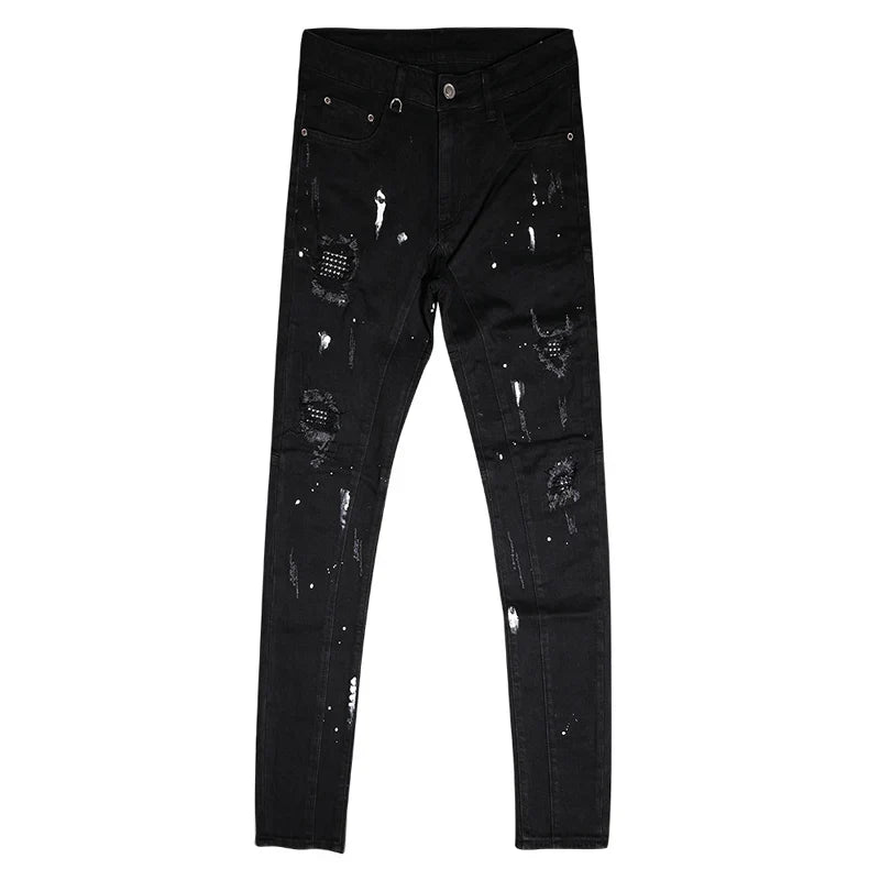 Men Jeans Black Color Stretch Elastic Slim Fit Painted Ripped Jeans
